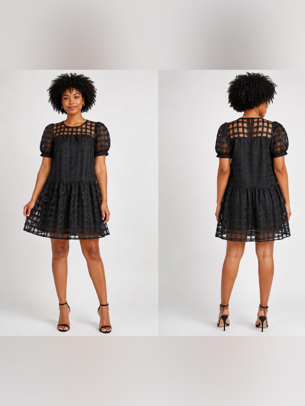 Glam |Black Sheer Plaid Organza Puff Sleeve Babydoll Dress |Size L